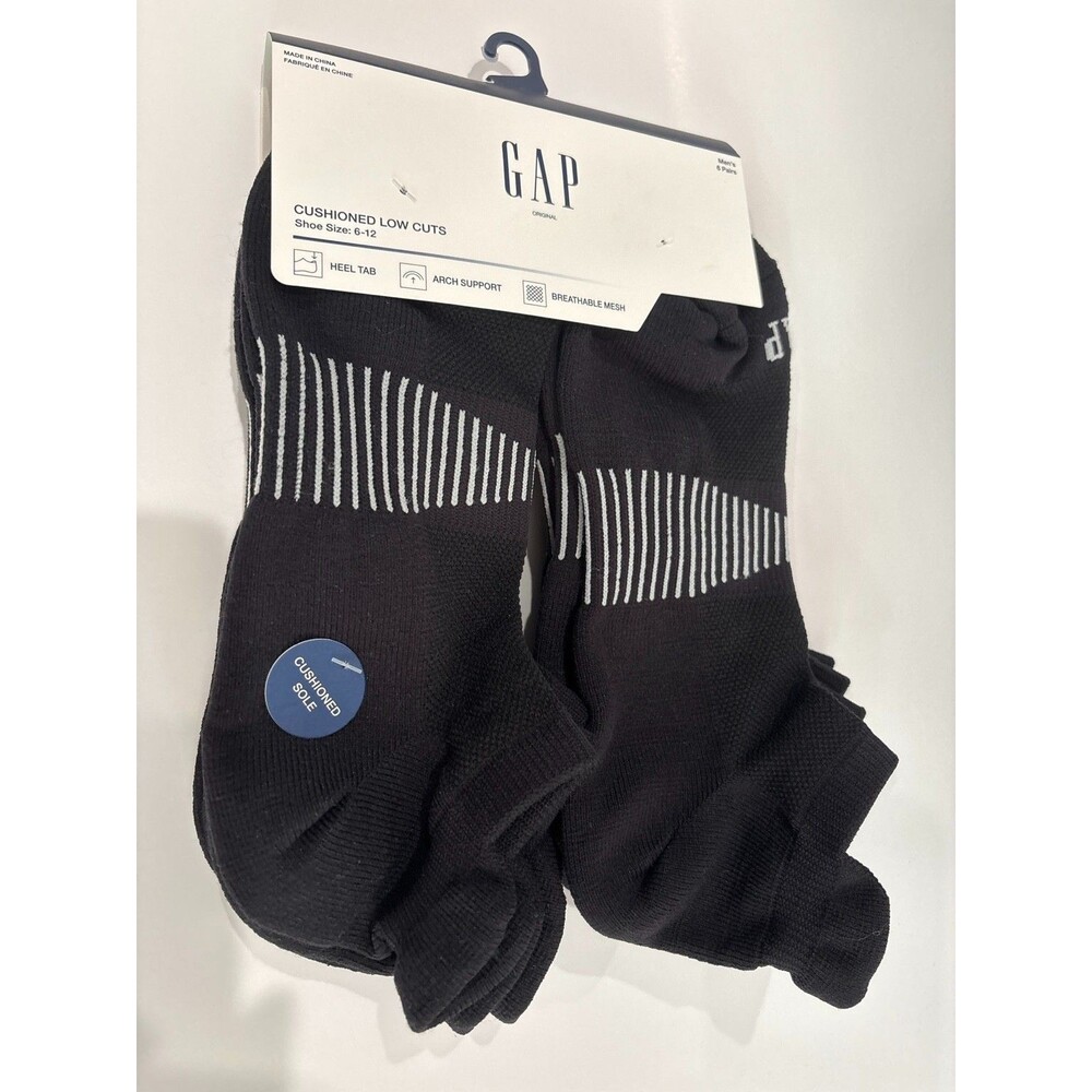 GAP Men’s Cushioned Low Cut Socks 6 Pair Black Arch Support Breathable Mesh 6-12